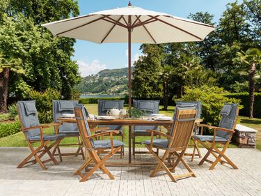 8 Seater Acacia Wood Garden Dining Set with Beige Parasol and Grey Cushions MAUI