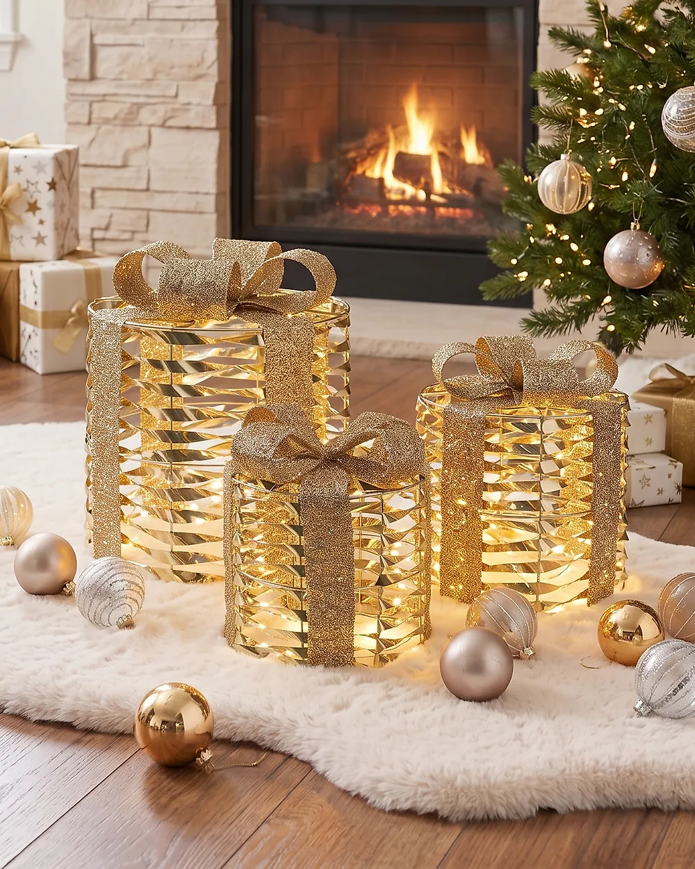 Weihnachtsdekoration 3er Set LED SLIVSO Weihnachtsgeschenke 20/25/30 cm Gold