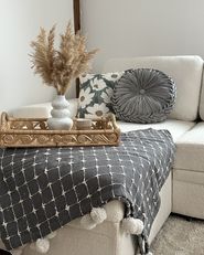 Plaid Coton Chyama 125x150 Cm - Motif Géométrique Noir Et Blanc, Franges