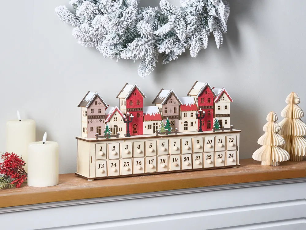 PIONEER-EFFORT Kerst Houten Adventskalender Boek met Laden voor Volwassenen Kinderen Kerst Countdown Decoratie met LED-verlichting (Rood-001