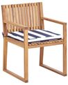 Set of 8 Certified Acacia Wood Garden Dining Chairs with Navy Blue and White Cushions SASSARI II_923932
