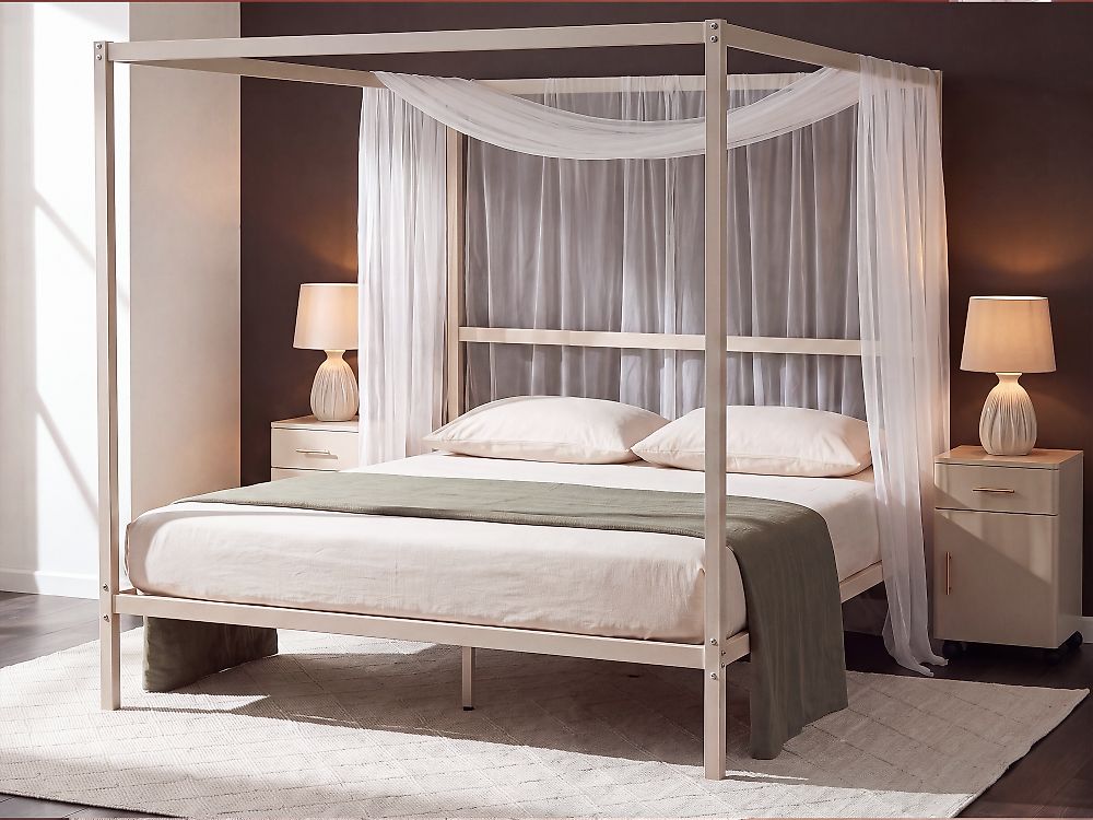 Four Poster Bed Metal LESTARDS 160 x 200 cm (EU King Size) Light Beige