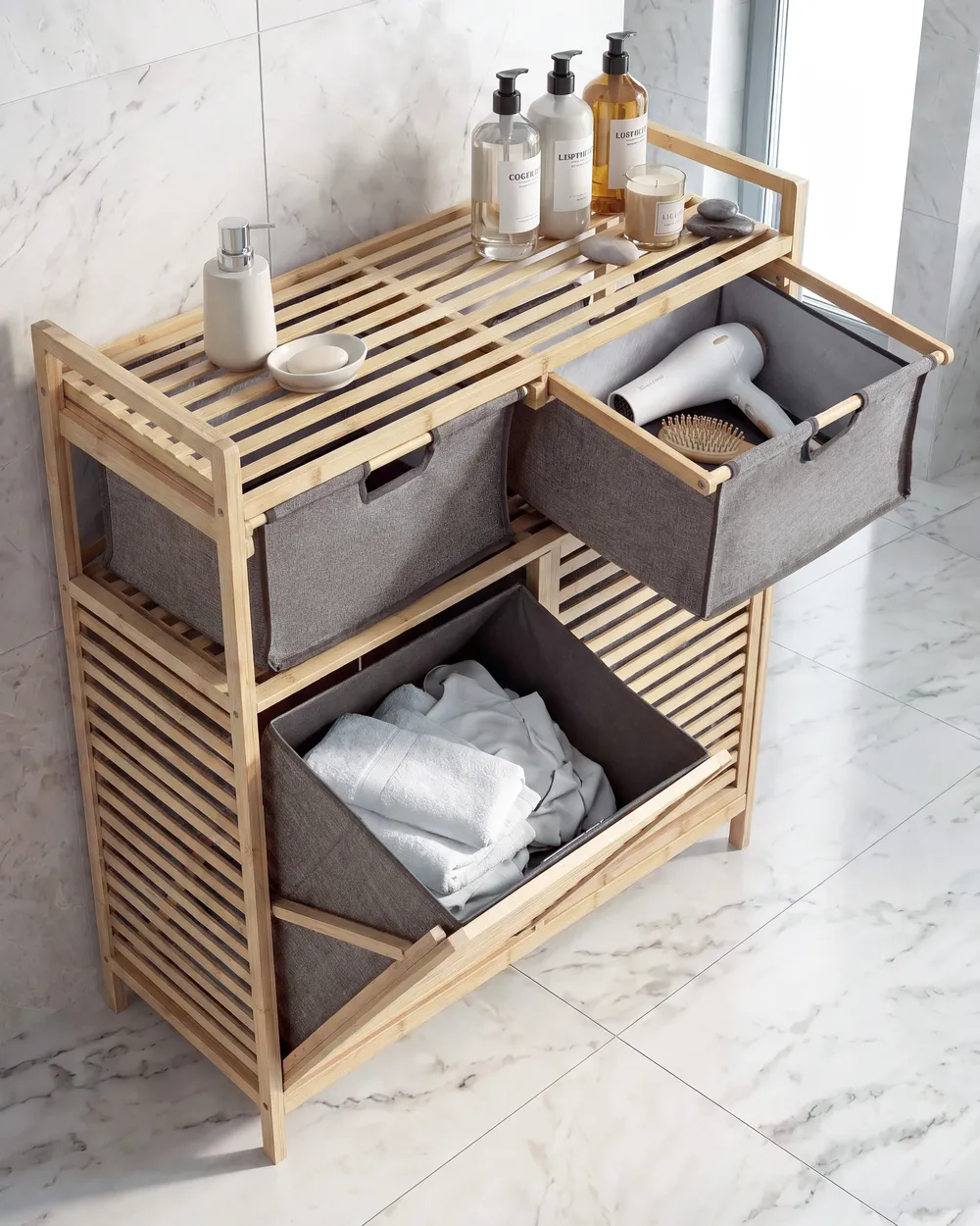 Mobile per la lavanderia con ante ribaltabili e contenitori CEJAR 88 cm Bambù Marrone chiaro_1144813