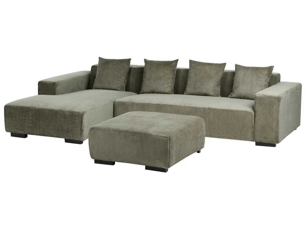 Corner Sofa 4 Seater LUNGO with Ottoman Corduroy Green Right Hand_962328