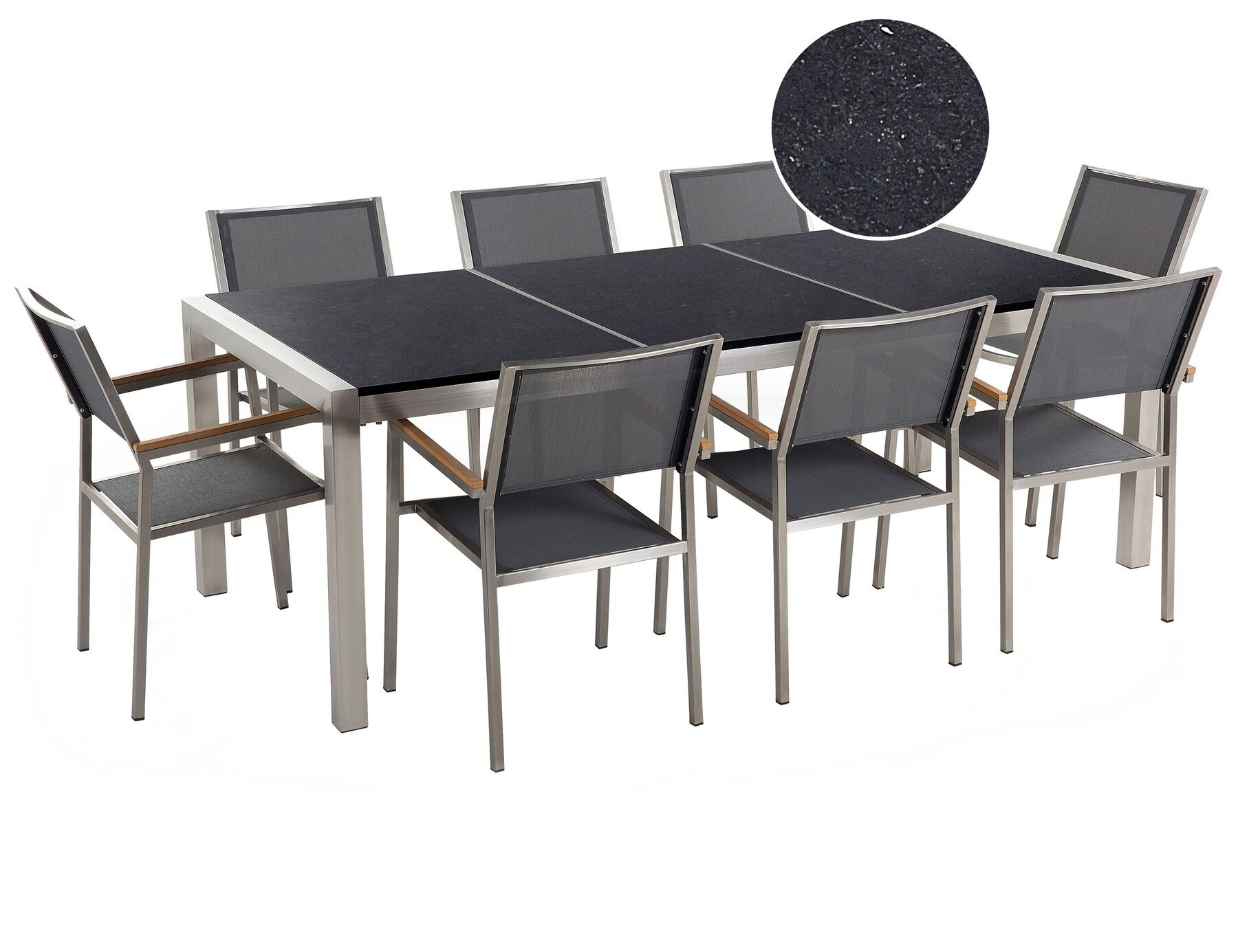 Nyolcszemélyes fekete osztott asztallapú étkezőasztal szürke textilén székekkel GROSSETO_379791