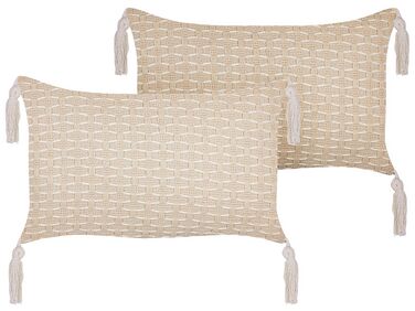 Set of 2 Cushions Geometric Pattern with Tassels 25 x 45 cm Light Beige HAKONE