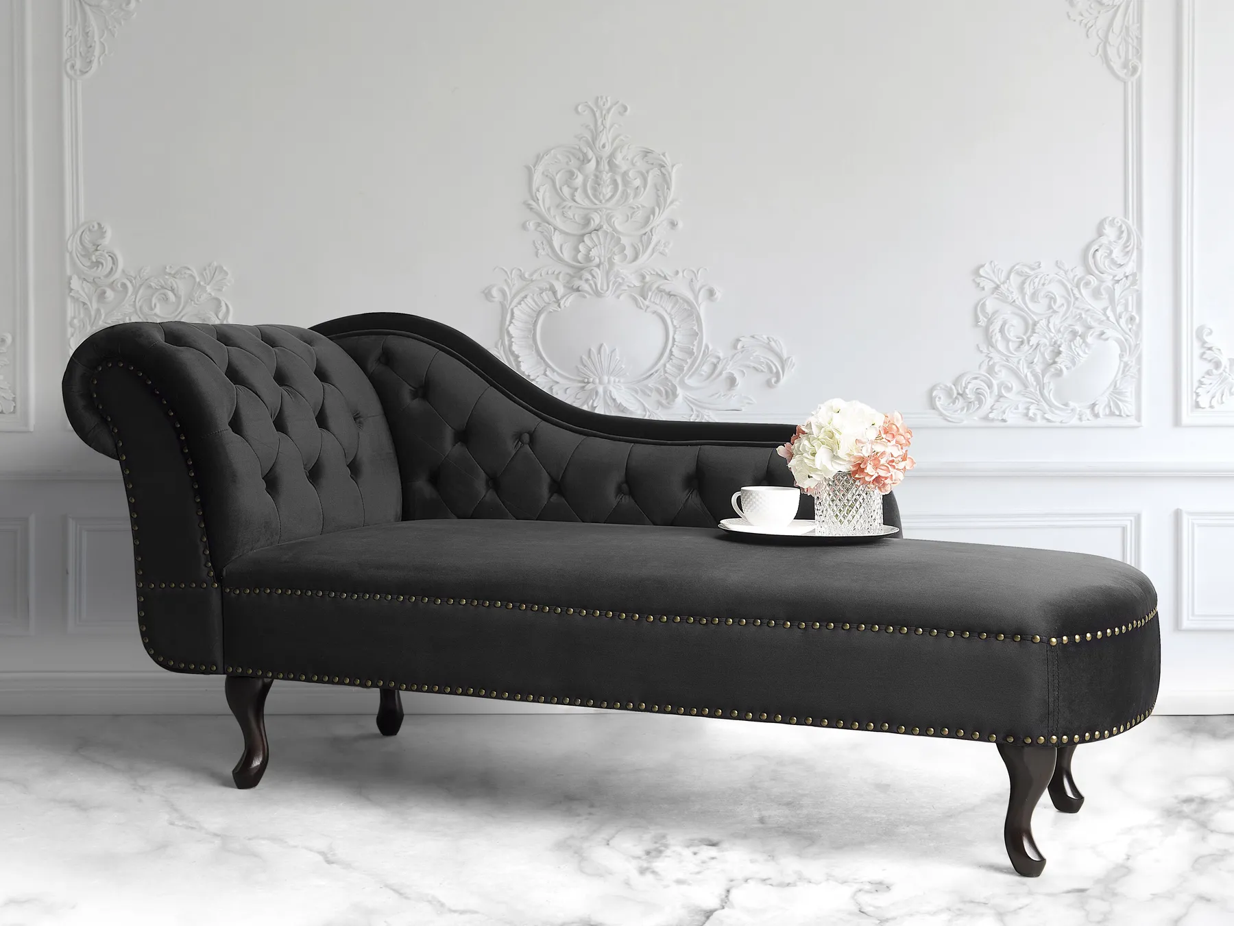 Left-Hand Chaise Longue NIMES Velvet Black_696691
