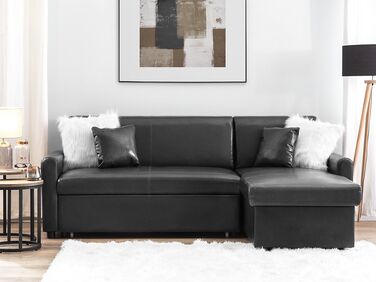 Left Hand Faux Leather Corner Sofa Bed with Storage Black OGNA