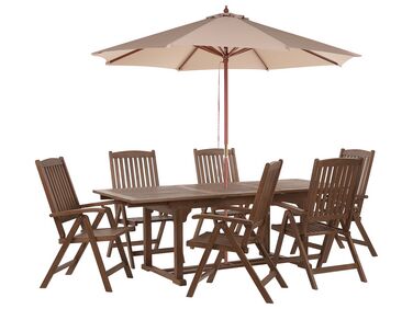 Set da giardino con 6 sedie legno di acacia scuro e ombrellone color sabbia AMANTEA