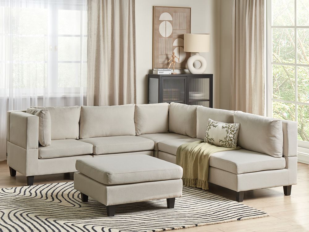 Canapé d'angle modulable 5 places UNSTAD avec ottoman Tissu Beige clair Côté droit