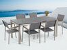 Conjunto de jardín mesa con tablero de piedra natural pulida negra 180 cm, 6 sillas de tela gris GROSSETO_435199