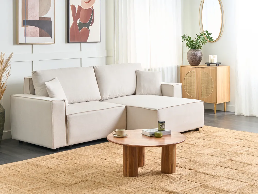 Sofa rozkładana dla 3 osób KARILA ze schowkiem Jasnobeżowy Lewostronny