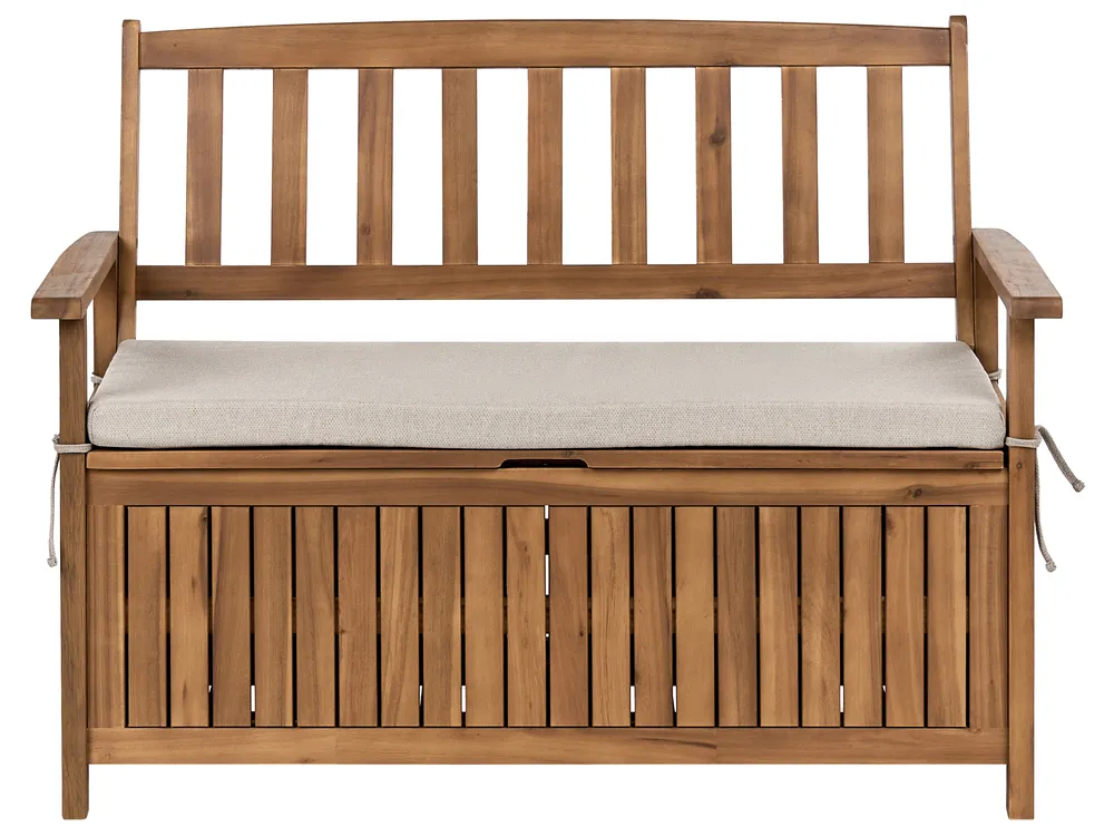 Garden Bench with Cushion SOVANA 120 cm with Storage Acacia Wood Beige