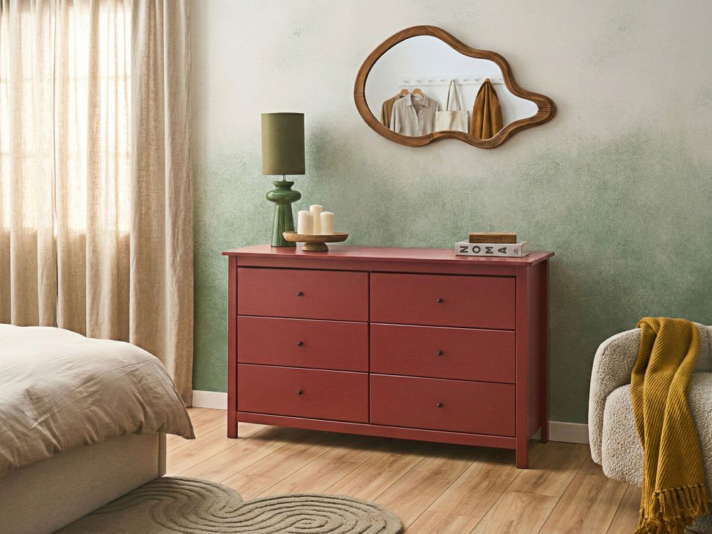 6 Drawer Chest BARCALDINE Pine Wood Burgundy