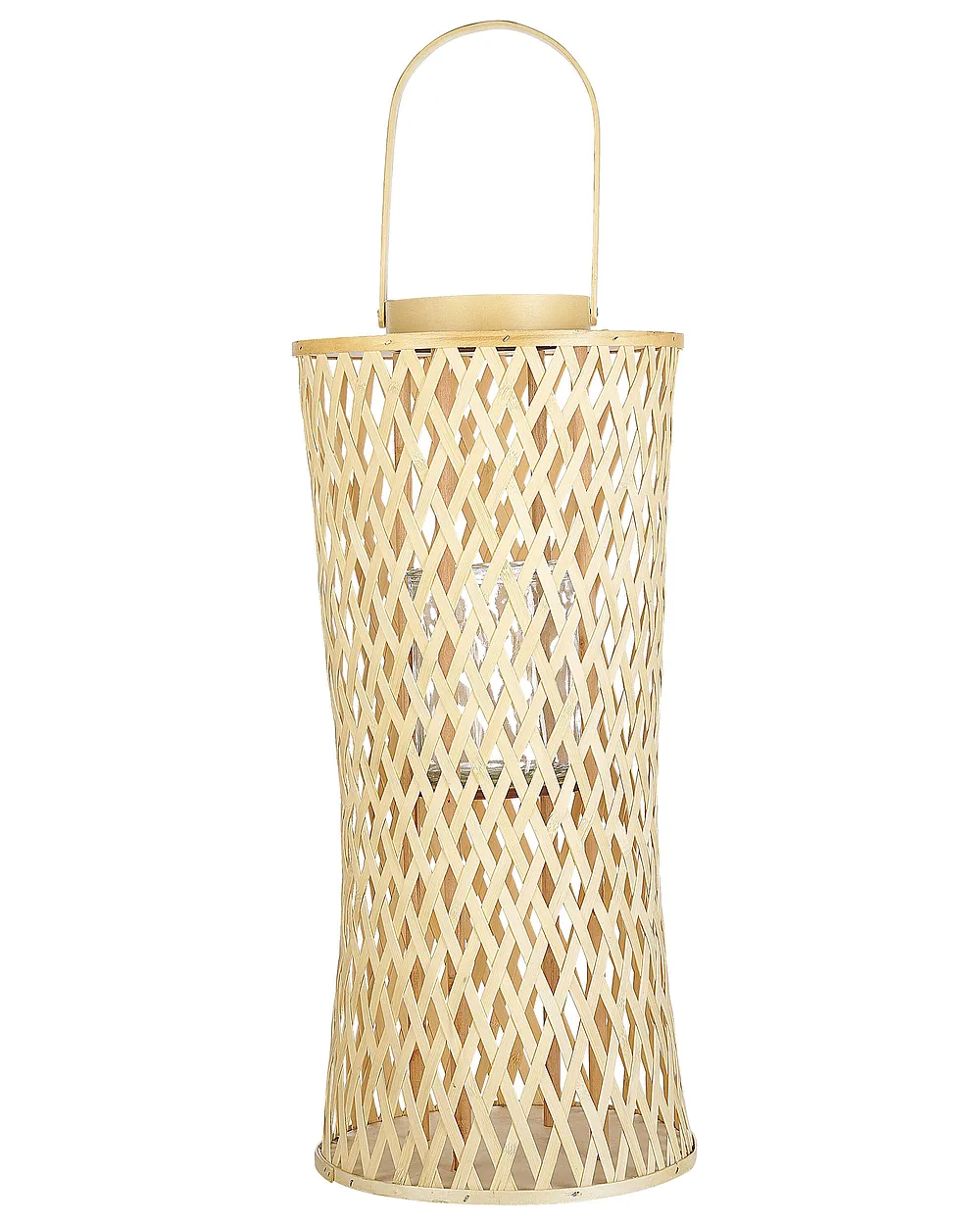 Grande Lanterne Boho Bambou Naturel 77 Cm – Style Africain Rustique, Intérieur Extérieur, Avec Poignée Et Verre