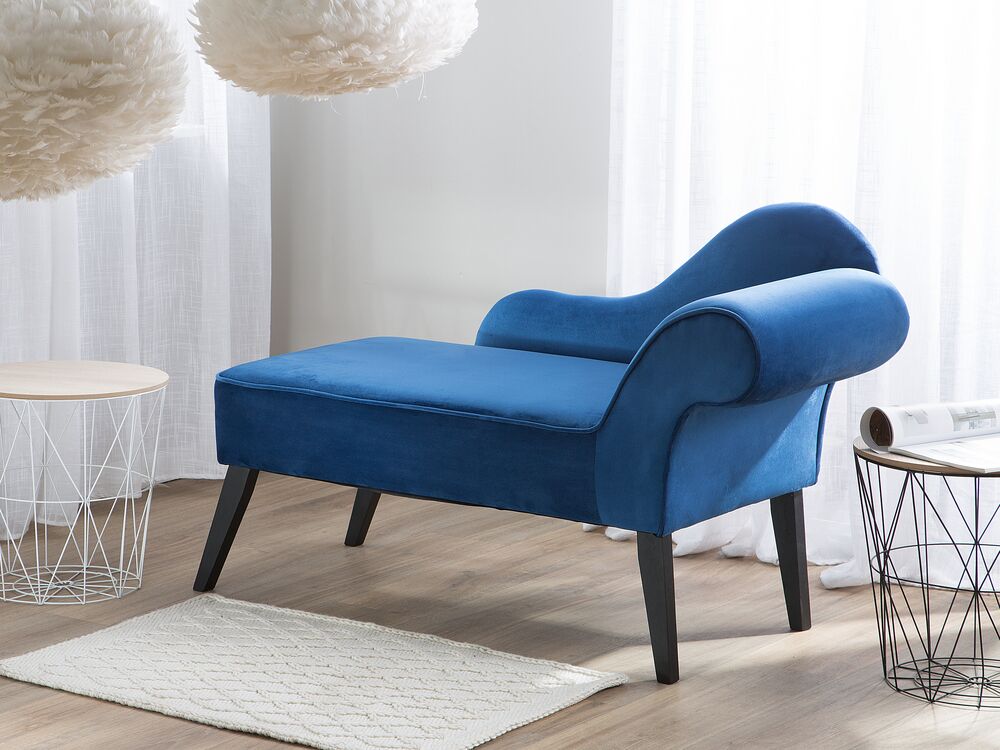 Chaise Longue In Velluto Blu Navy Con Contenitore – Versione Destra, Piedini In Legno, 160 Cm