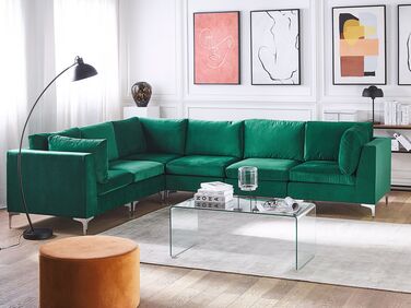 Right Hand 6 Seater Modular Velvet Corner Sofa Green EVJA