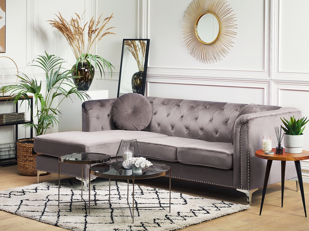 Grey velvet chaise sofa clearance