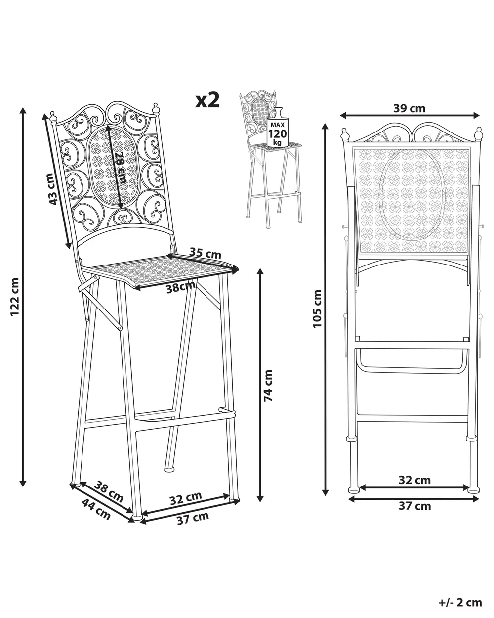 Set of 2 Garden Bar Chairs BORMIO Folding Metal Black_966373