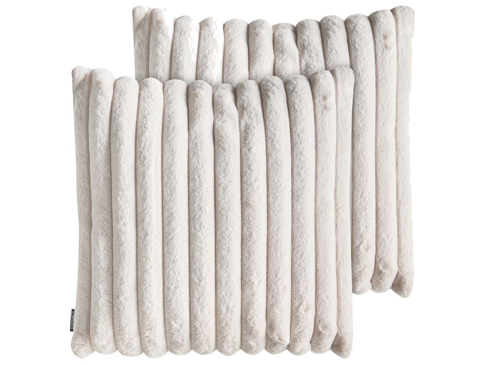 Set of 2 Decorative Cushions RAKYA 45 x 45 cm Faux Fur Light Beige Striped