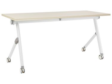 Folding Office Desk with Casters 160 x 60 cm Light Wood and White BENDI