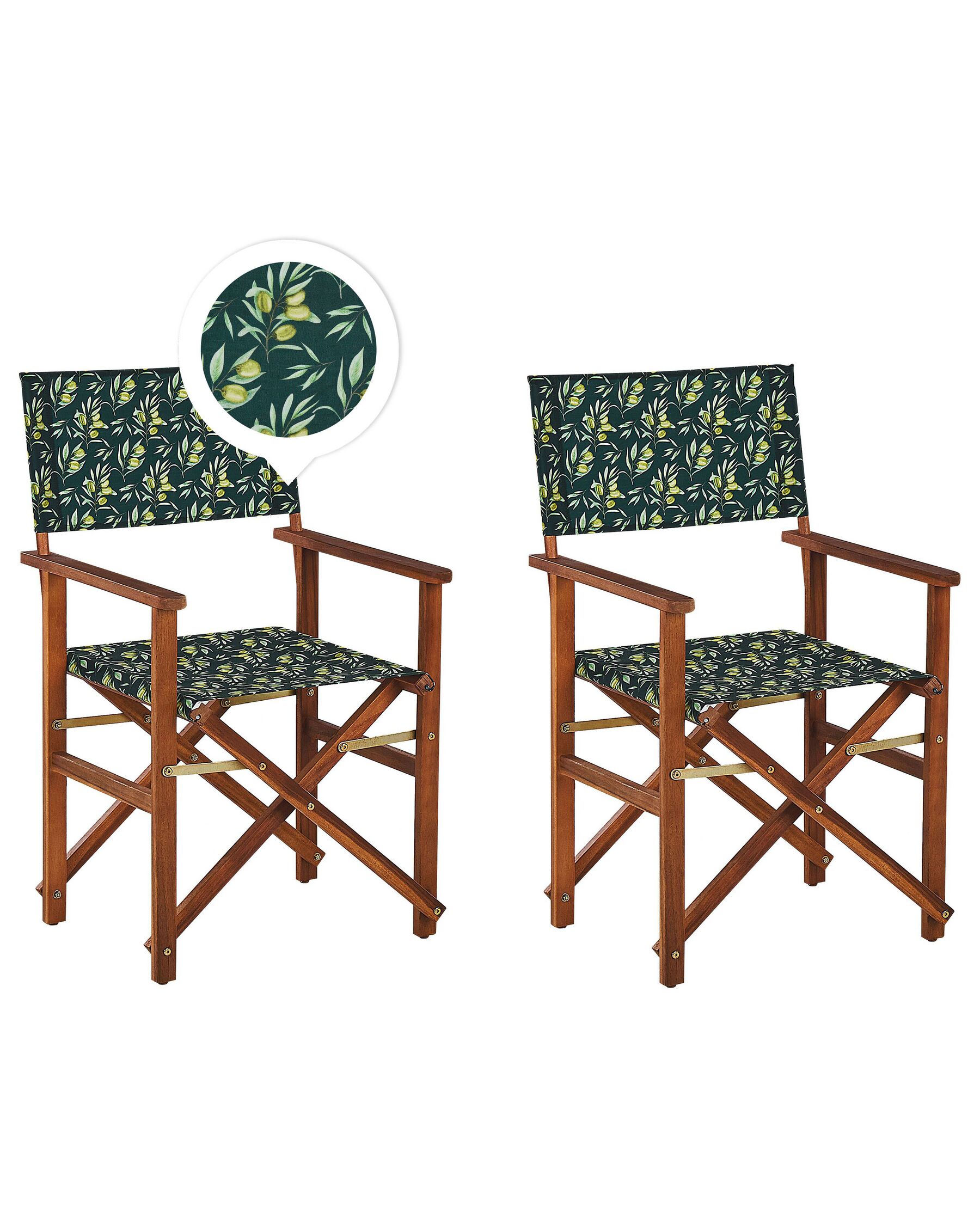 Set of 2 Acacia Folding Chairs and 2 Replacement Fabrics Dark Wood with Off-White / Olives Pattern CINE_819081