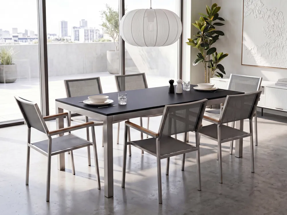 Garden Dining Set 6 Seater GROSSETO Tempered Glass Grey/ Black_1105686