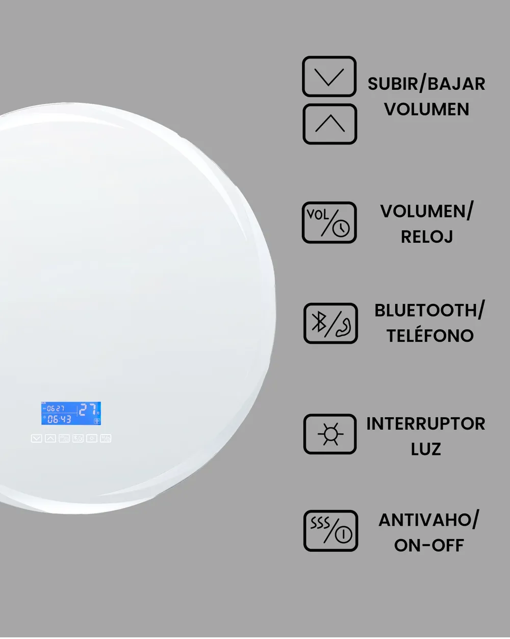 Espejo de baño LED TANAY 60 cm 60 cm con altavoz Bluetooth integrado Plateado_940468