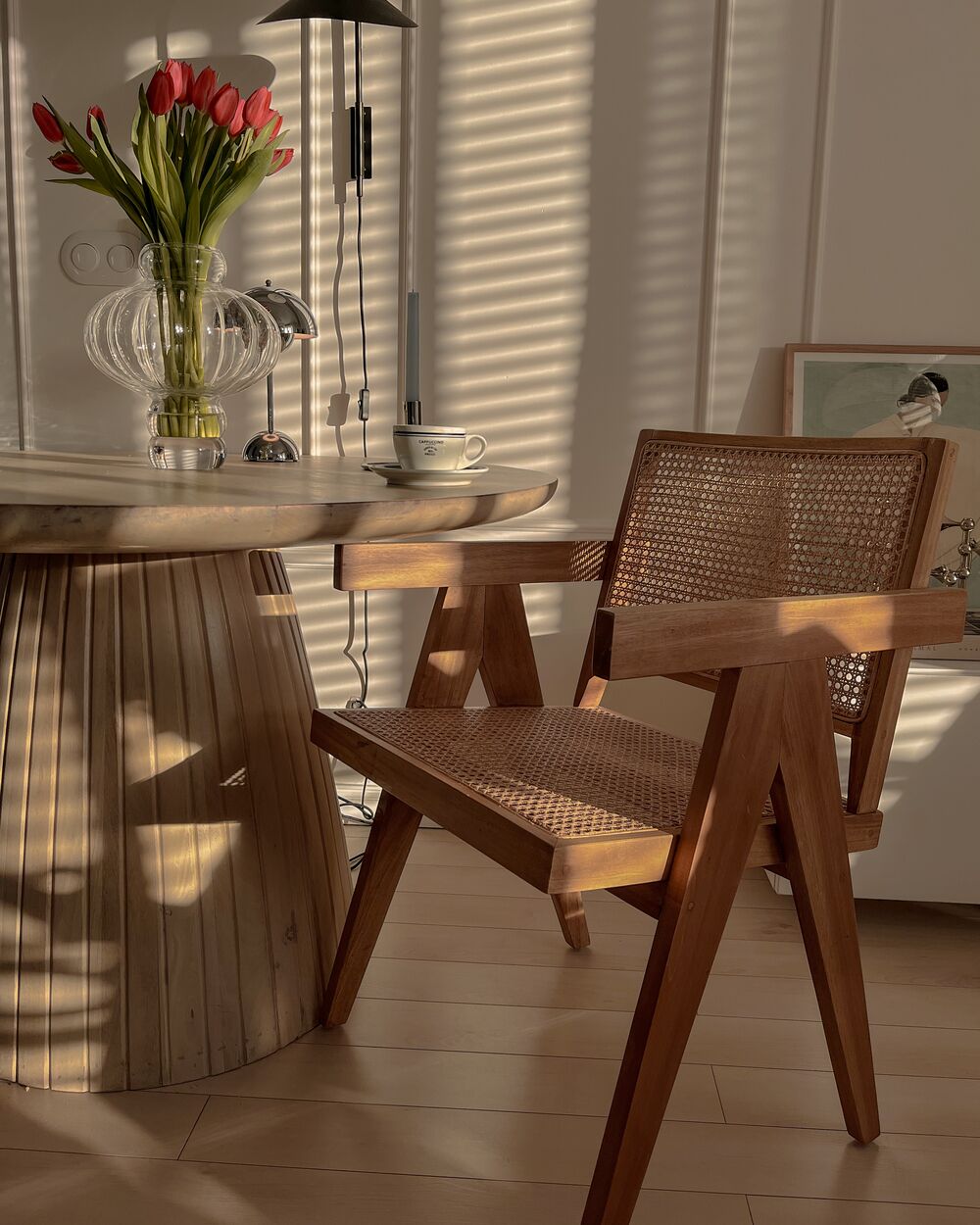 wooden table wicker chairs