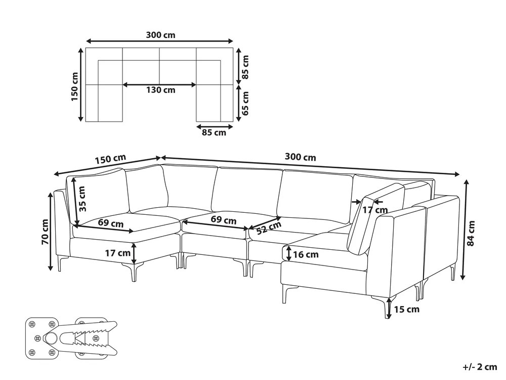 Modular U-Shape Sofa 6 Seater EVJA Velvet Navy Blue_859731