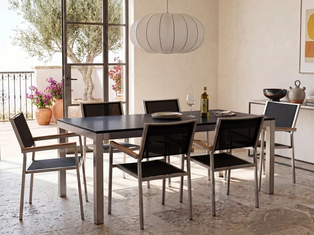 Garden Dining Set 6 Seater GROSSETO Tempered Glass Black_1105741
