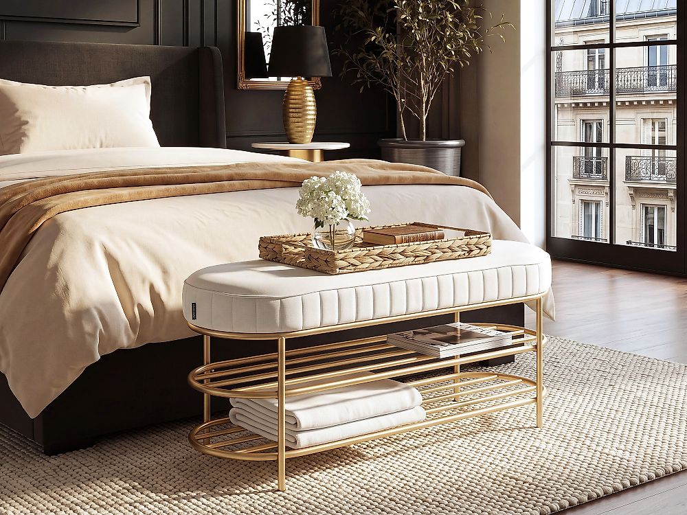 2 Tier Shoe Bench VERGENNES Velvet Beige