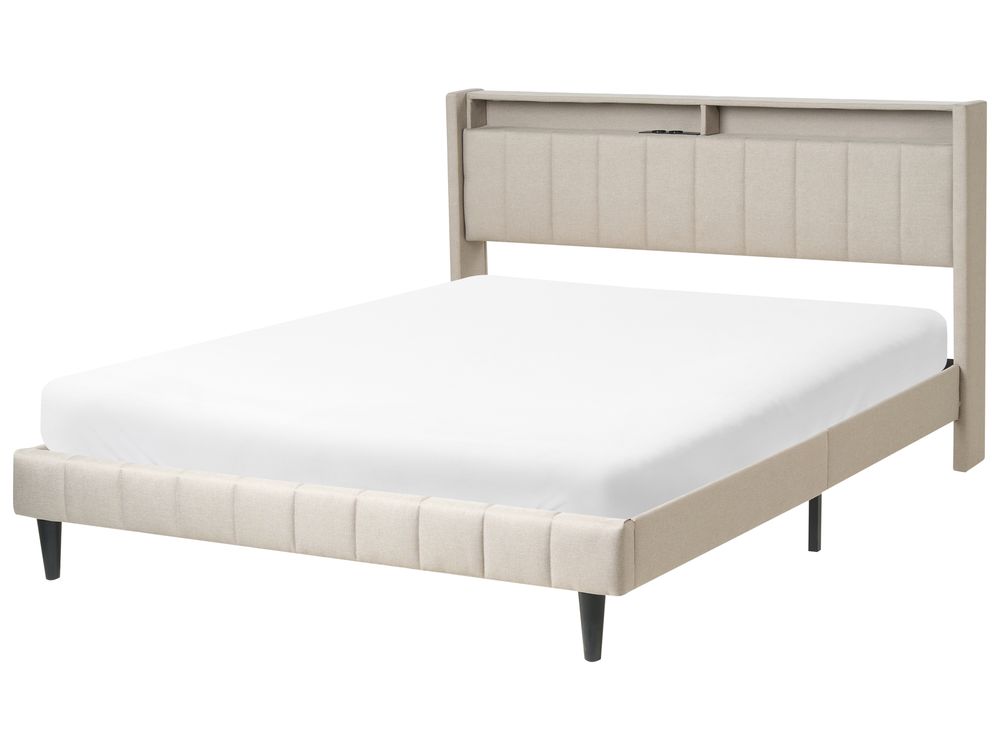 Bett mit LED BEAULIEU Stoff Beige 160 x 200 cm mit Stauraum mit USB-Anschluss