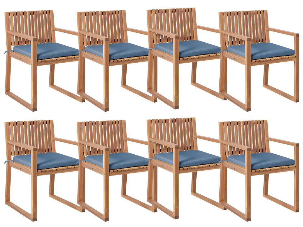 Conjunto de 8 sillas de jardín con cojines SASSARI PREMIUM Madera de acacia certificada Azul