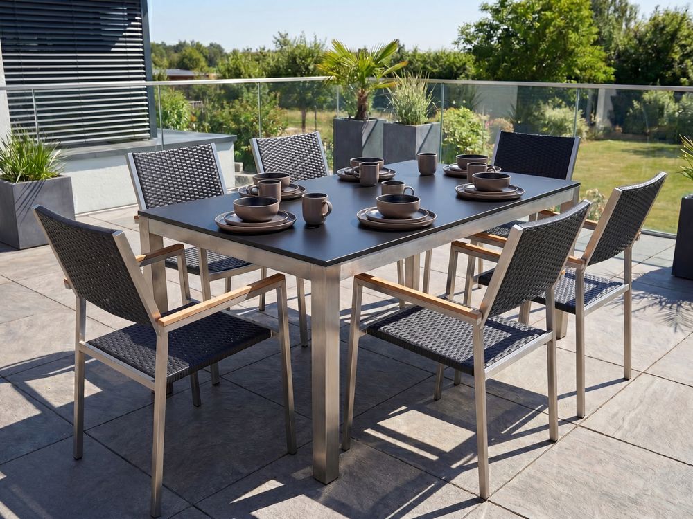 Garden Dining Set 6 Seater GROSSETO Tempered Glass Black