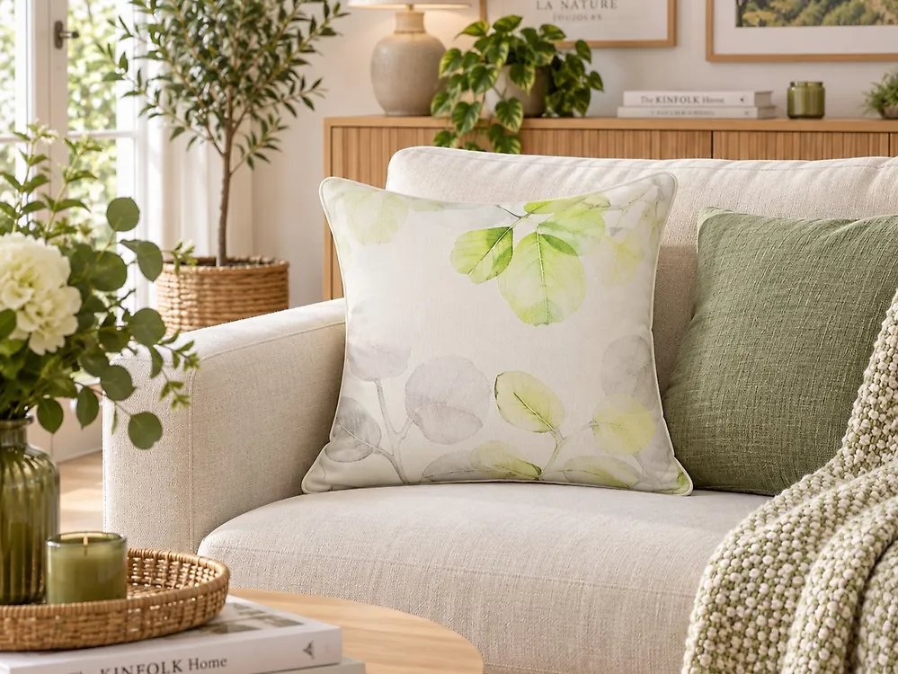 Throw Cushion PEPEROMIA 45 x 45 cm Cotton White Plant Pattern_1179155