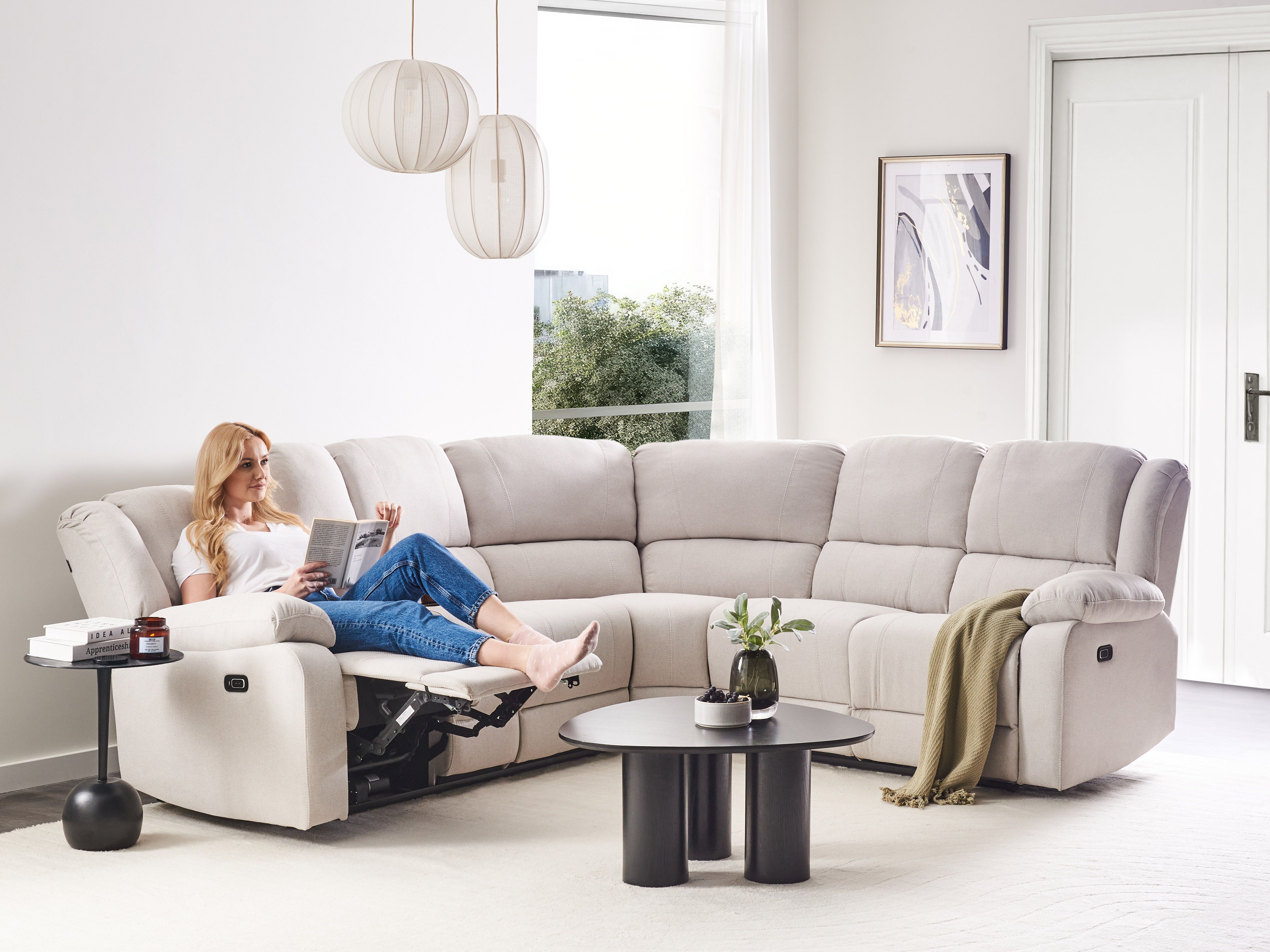Manuel recliner hjørnesofa 5 personers ROKKE Lys Beige med USB-port ...