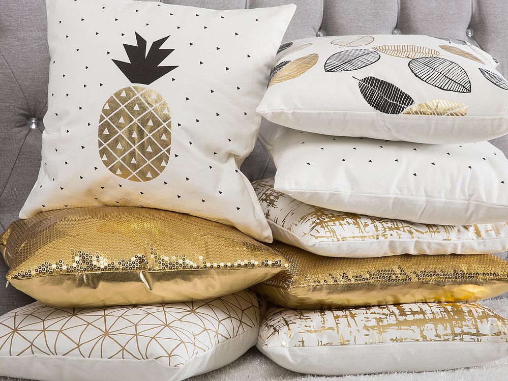 Set of 2 Decorative Cushions YASMIN 45 x 45 cm Cotton White Gold Black Plant Pattern