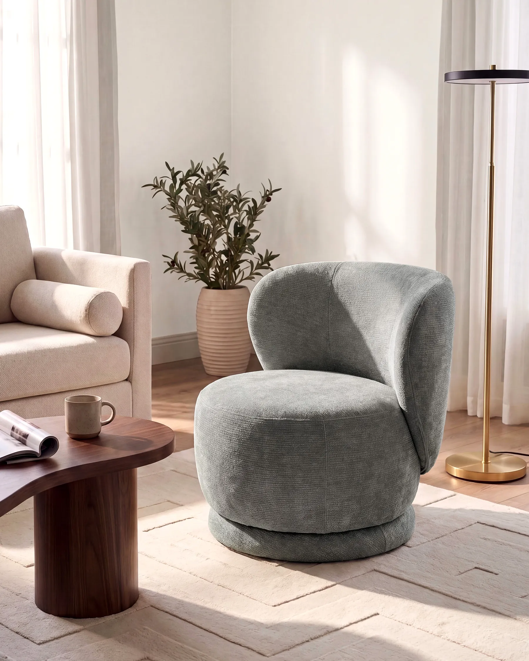Swivel Armchair BLOMMA Chenille Light Green_1158568