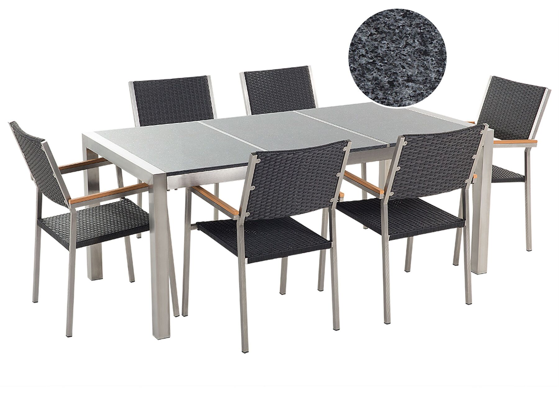 Trädgårdsmöbelset av bord med grå granitskiva och 6 rottingstolar GROSSETO_464883