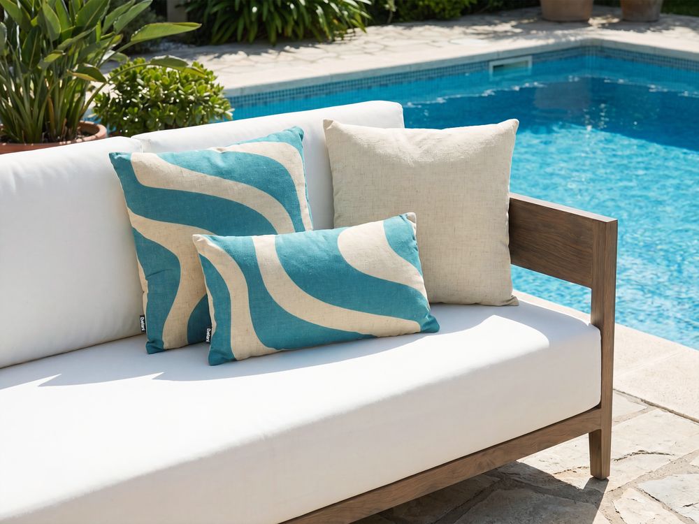 Lot de 3 coussins d'extérieur AURINIA Motif abstrait 30 x 50 cm 45 x 45 cm Beige/bleu