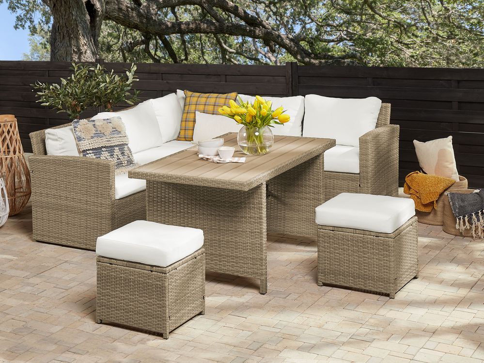 Set salotto da giardino con tavolo e pouf 5 posti BARDI con cuscini Rattan sintetico (PE) Marrone
