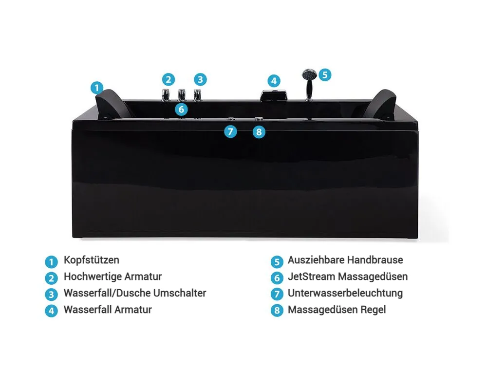 Whirlpool Badewanne Eckmodell mit LED VARADERO 183 x 90 cm Schwarz rechtsseitig_787094