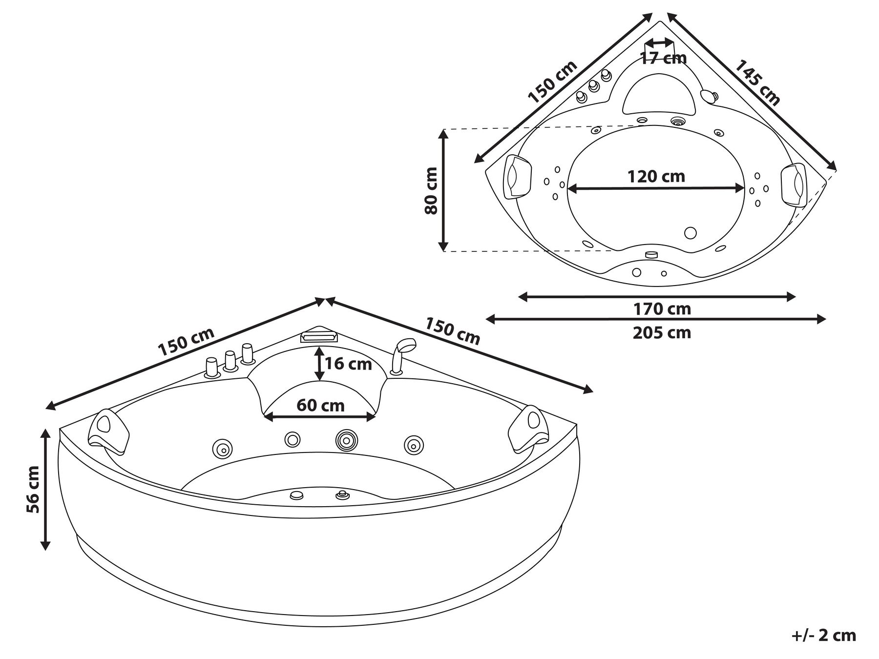 Corner Hot Tub with LED SENADO 2050 x 1500 mm Black_780962