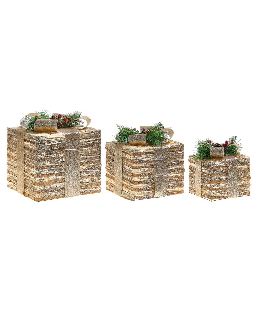 Lot de 3 décorations de Noël LED TOFTE 20/25/30 cm Cadeaux de Noël Doré