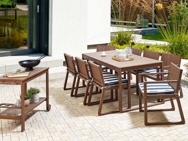 8 Seater Dark Acacia Wood Garden Dining Set with Navy Blue and White Cushions SASSARI