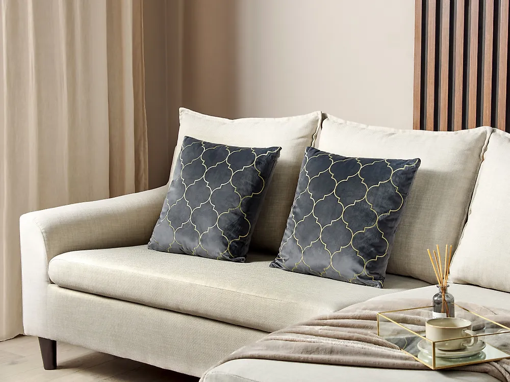 Lot de 2 coussins décoratifs ALYSSUM 45 x 45 cm Velours Gris Motif de treillis_1182658