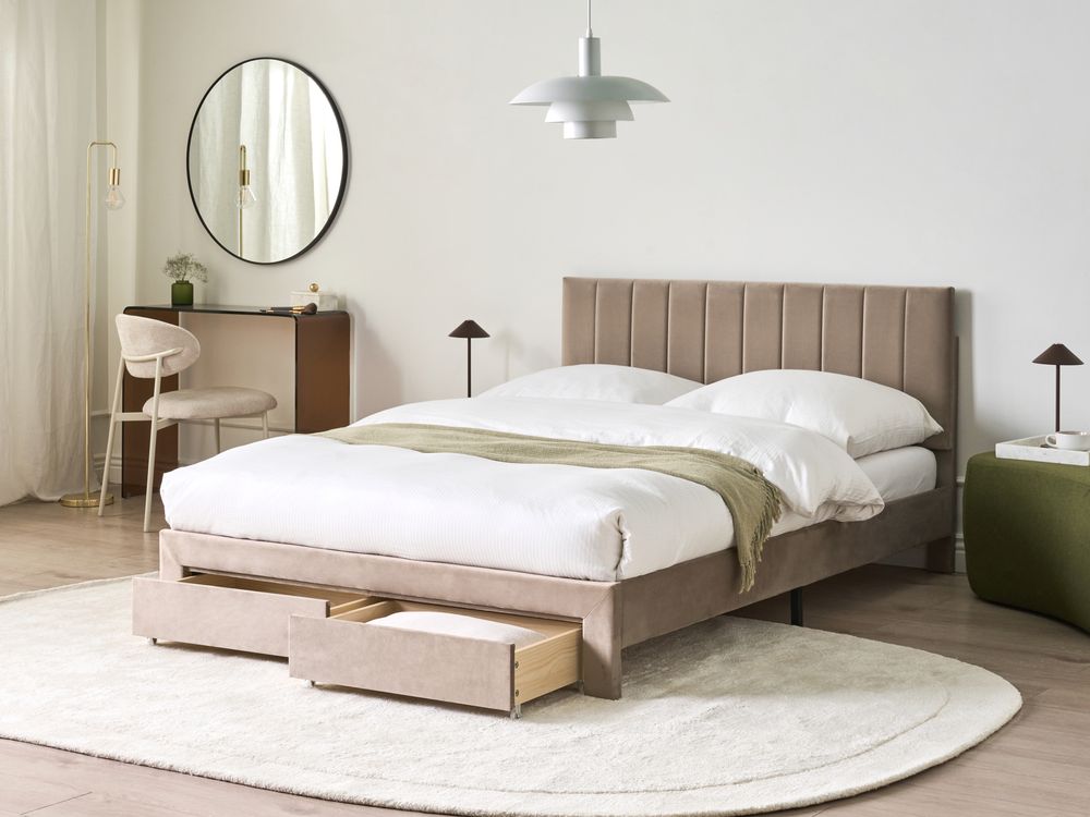 Bett mit Schubladen LONZAC Samtstoff Taupe 140 x 200 cm