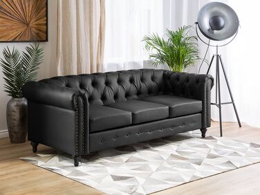 3 Seater Faux Leather Sofa Black CHESTERFIELD