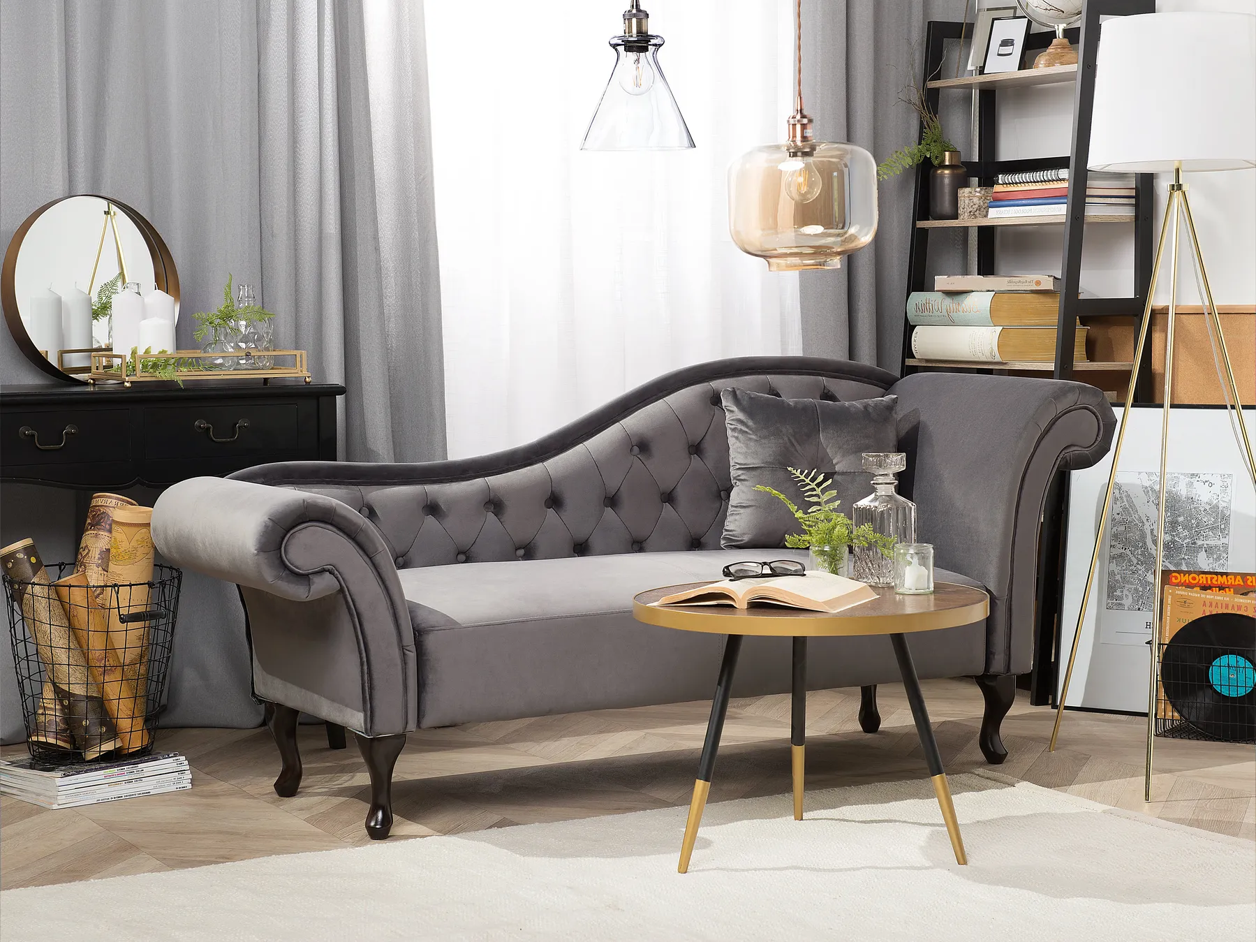 Right-Hand Chaise Longue LATTES Velvet Grey_738706